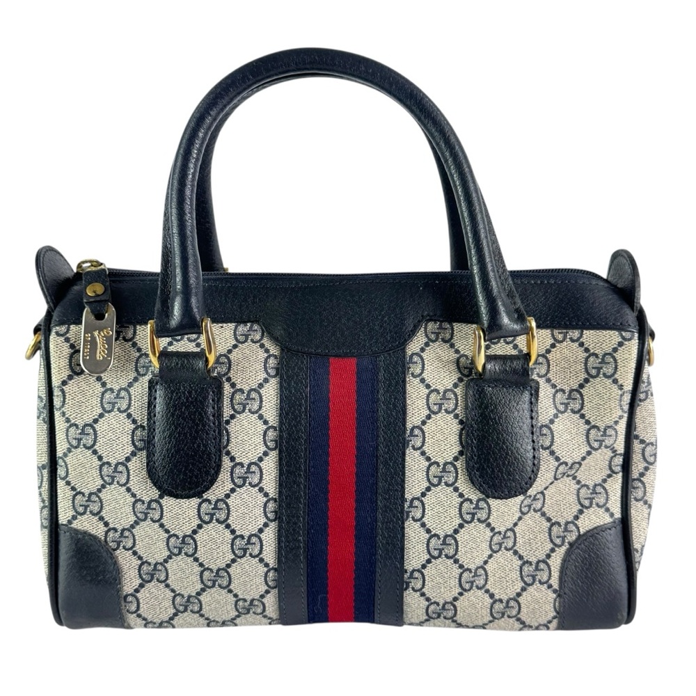 70's GUCCI Ophidia Navy Blue Canvas GG Supreme Satchel Sherry Line
